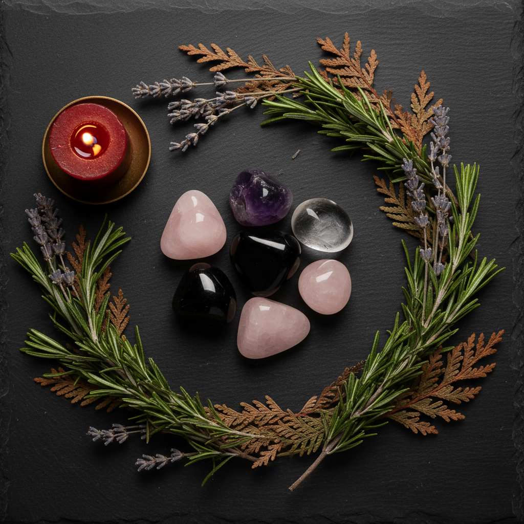 Four tumbled crystals — amethyst, obsidian, rose quartz, and clear quartz — arranged on dark slate with dried herbs and candlelight